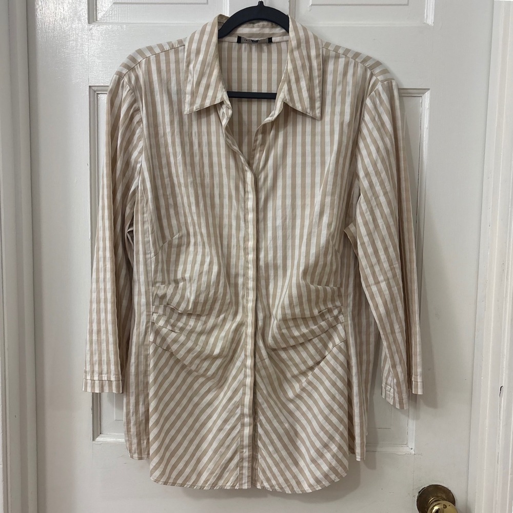 Lafayette 148 New York Striped Shirt 16 Ruched Classic Quiet Luxury Minimalist
